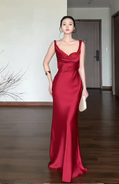 Chic Sheath Burgundy Long Prom Dresses Sleeveless Satin Burgundy Wedding Guest Dresses DP04025 - Deanwangkt