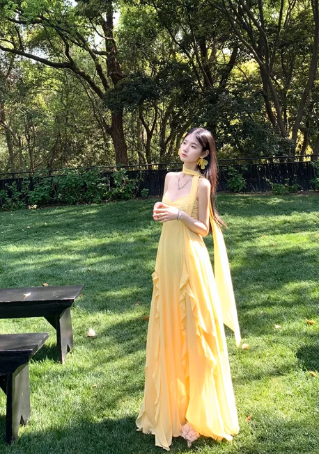 Elegant Sheath Evening Dresses, Spaghetti Strap Chiffon Yellow Guest Dress DP2997 - Deanwangkt