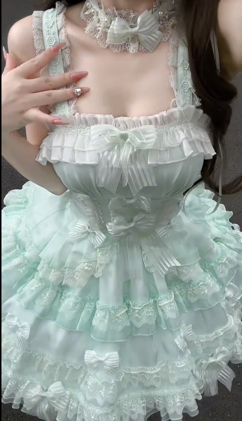 Cute Square Neck Ball Gown Chiffon Lace Short Prom Dresses Mint Green Birthday Outfit Sleeveless Lolita Dresses DP3270 - Deanwangkt