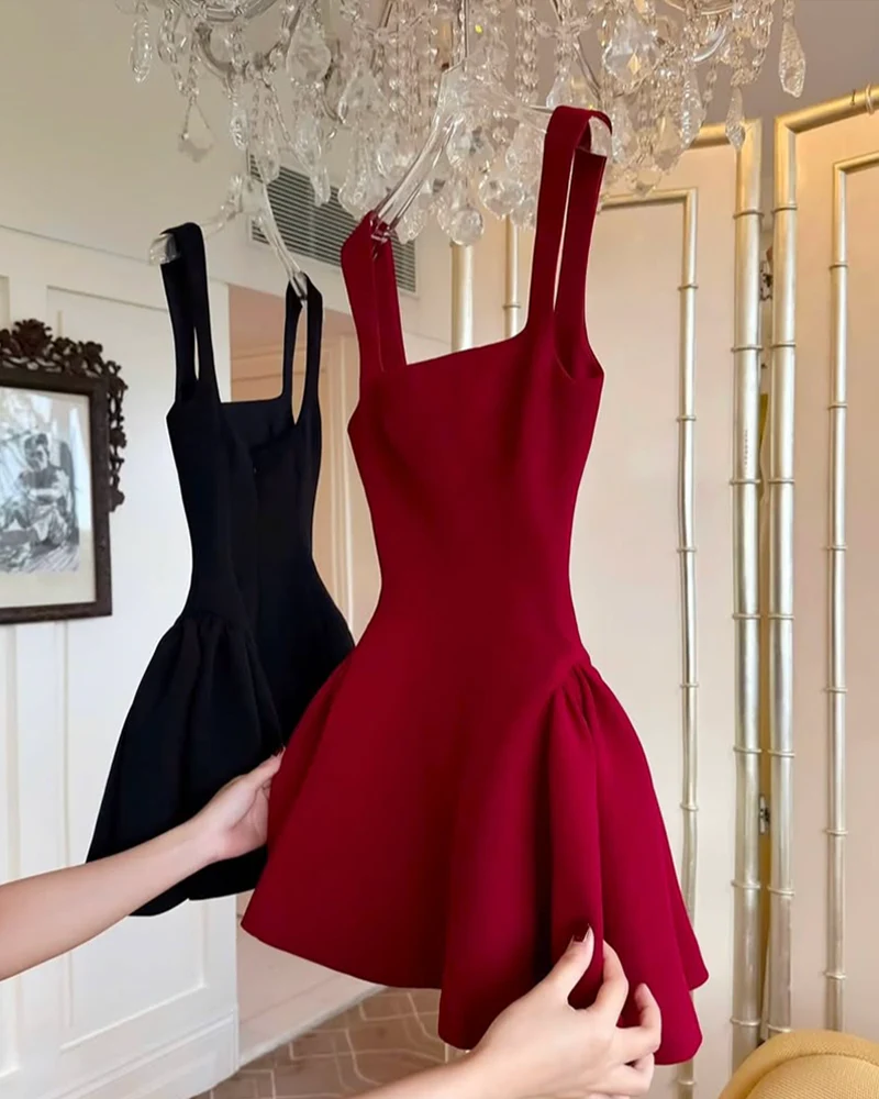 Simple A line Square Neck Red Short Homecoming Dress Summer Hoco Dresses Mini Cocktail Dress DH2471 - Deanwangkt