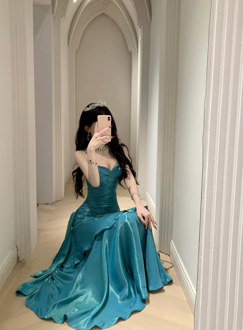 Pretty Mermaid Spaghetti Straps Sleeveless Blue Prom Gown Long Evening Dress Prom Dresses DP229 - Deanwangkt
