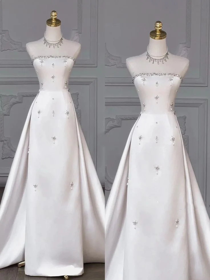 Timeless Bridal Gown Sheath Strapless Satin Sleeveless White Wedding Dresses Elegant Bridal Gowns DH914 - Deanwangkt