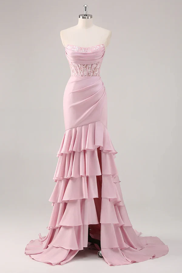 Blush Mermaid Strapless Corset Tiered Long Prom Dress with Slit Graduation Dresses DP525 - Deanwangkt