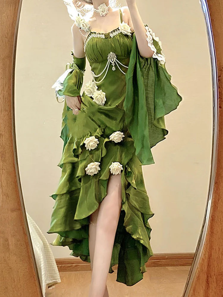 Vintage High Low Spaghetti Straps Green 16th Birthday Dress With Sleeves Lolita Dress Satin Birthday Outfits DP0223 - Deanwangkt