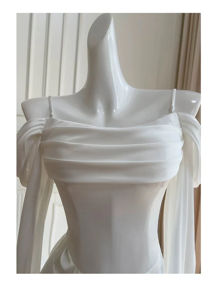 Elegant A line Spaghetti Straps Sleeveless White Chiffon Long Evening Party Gowns Evening Formal Dresses Prom Dress W887 - Deanwangkt