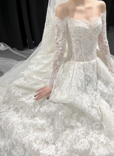 Modest Ball Gown Off-the-shoulder Bridal Dress White Tulle Lace Long Wedding Dress Elegant Applique Bridal Gowns DP2819 - Deanwangkt