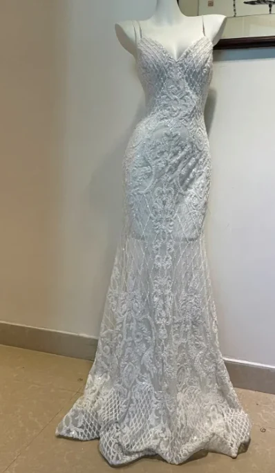 Elegant Spaghetti Strap Mermaid Beaded Chiffon Long Prom Dresses, White Beaded Formal Evening Dresses DP3094 - Deanwangkt