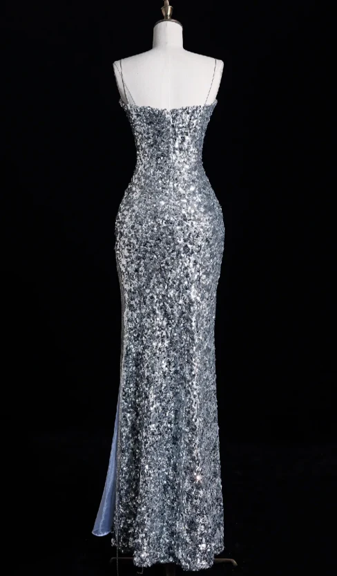 Elegant Spaghetti Straps Mermaid Long Prom Dresses Silver Sequin Formal Dresses Sleeveless Evening Dresses DP3277 - Deanwangkt