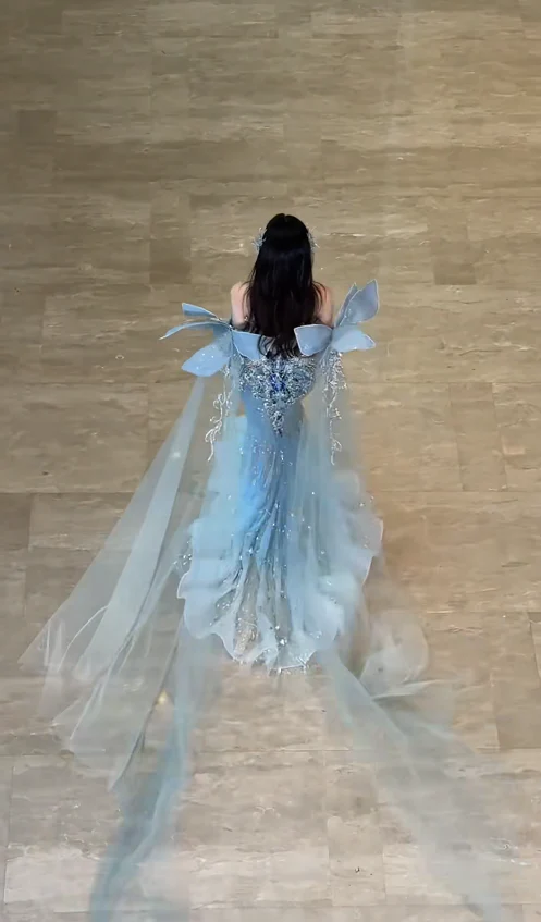 Gorgeous Sweetheart Mermaid Blue Long Prom Dresses Tulle Rhinestone Blue Long Birthday Dresses DP3874 - Deanwangkt