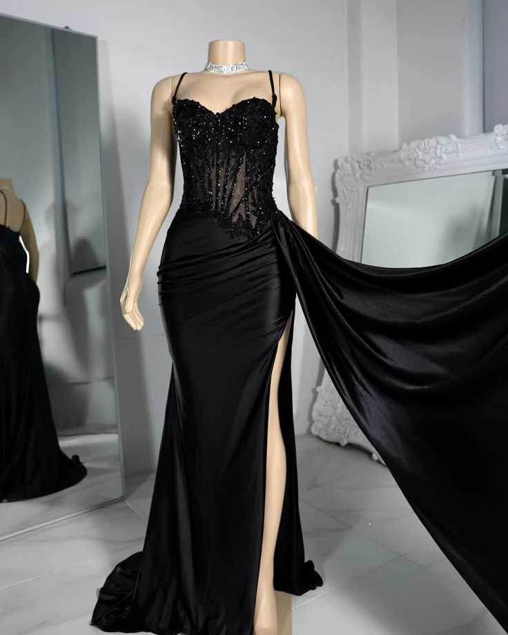 Elegant Mermaid Spaghetti Straps Satin Slit Black Long Prom Dresses Party Dress 18th Birthday Outfits Graduation Dresses DH2339 - Deanwangkt