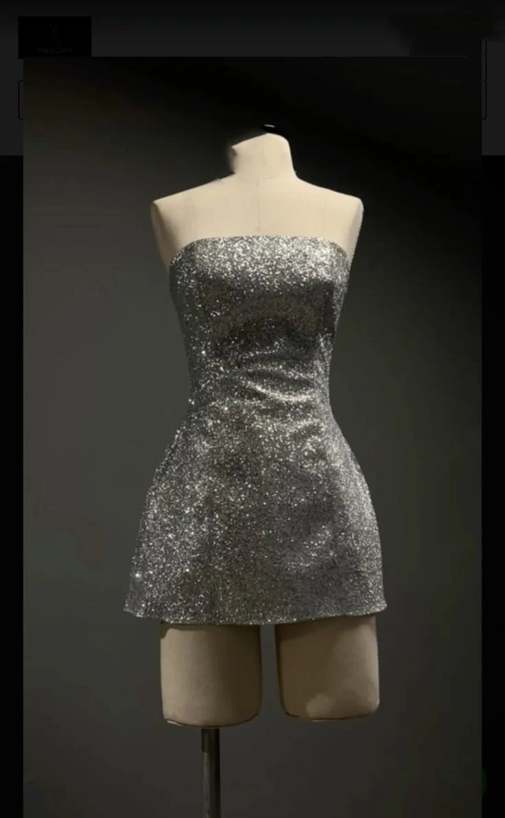 Cute A line Strapless Silver Short Sequin Formal 8th Grade Homecoming Dress Summer Middle School Hoco Dresses Birthday Outfits W1147 - Deanwangkt