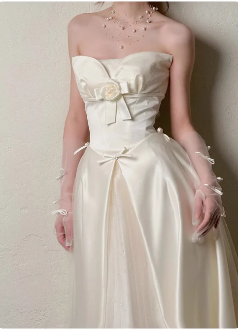 Elegant Strapless A-Line Long Luxury Wedding Dresses Tulle Satin Simple Bridal Dresses DP2978 - Deanwangkt