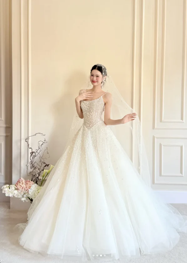 Timeless Spaghetti Strap Ball Gown Tulle Wedding Dress, White Bridal Gowns DP03049 - Deanwangkt