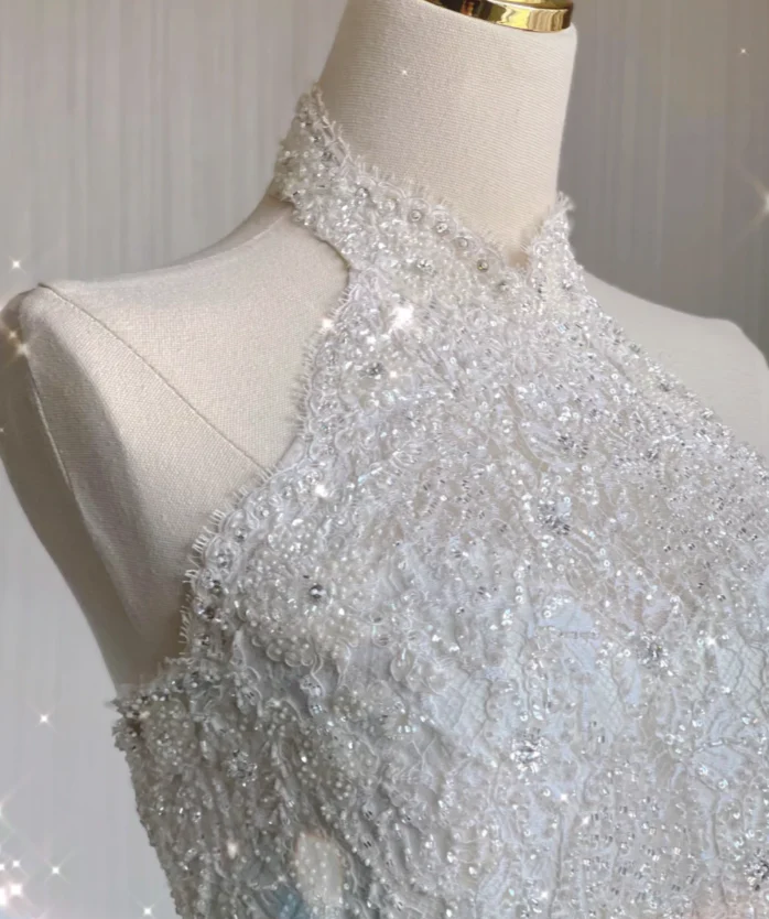 Unique A line High Neckline Lace Long White Wedding Dresses Summer Brides Dress DP409 - Deanwangkt