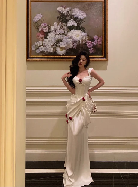 Elegant Mermaid Straps White Satin Sleeveless 21st Birthday Dresses Evening Gown Birthday Outfits Birthday Dress Ideas For Women DP1410 - Deanwangkt