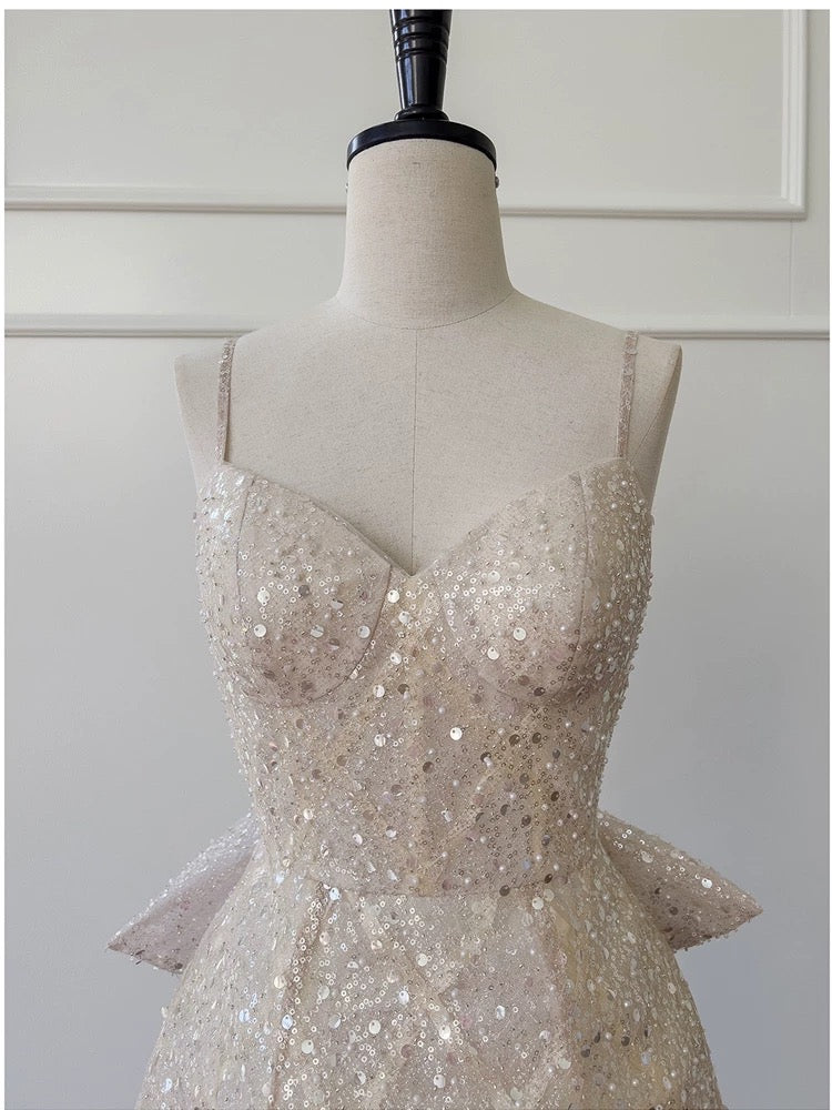 Cute A line Spaghetti Straps Champagne Sequin Formal Short 8th Grade Homecoming Dress Summer Middle School Hoco Dresses Birthday Outfits W982 - Deanwangkt