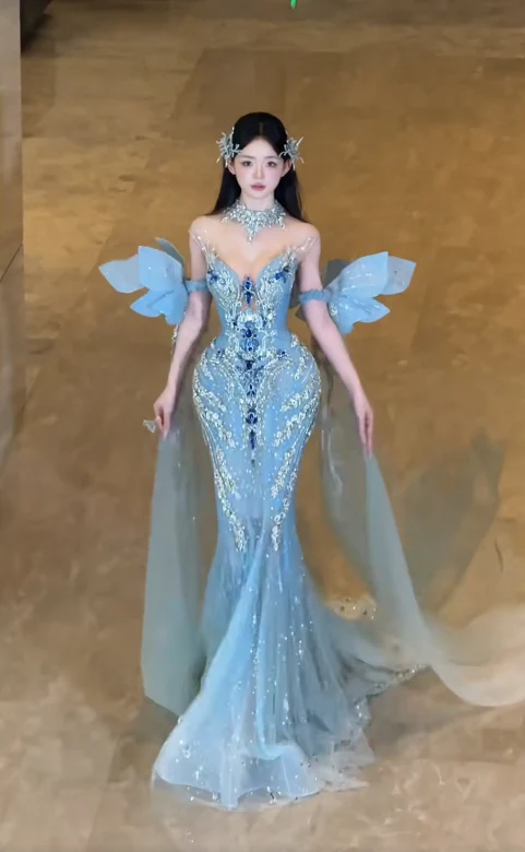 Gorgeous Sweetheart Mermaid Blue Long Prom Dresses Tulle Rhinestone Blue Long Birthday Dresses DP3874 - Deanwangkt