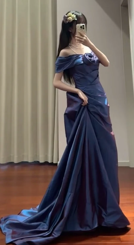 Elegant Off-the-shoulder A-Line Long Prom Dresses Satin Navy Blue Evening Dresses DP3374 - Deanwangkt