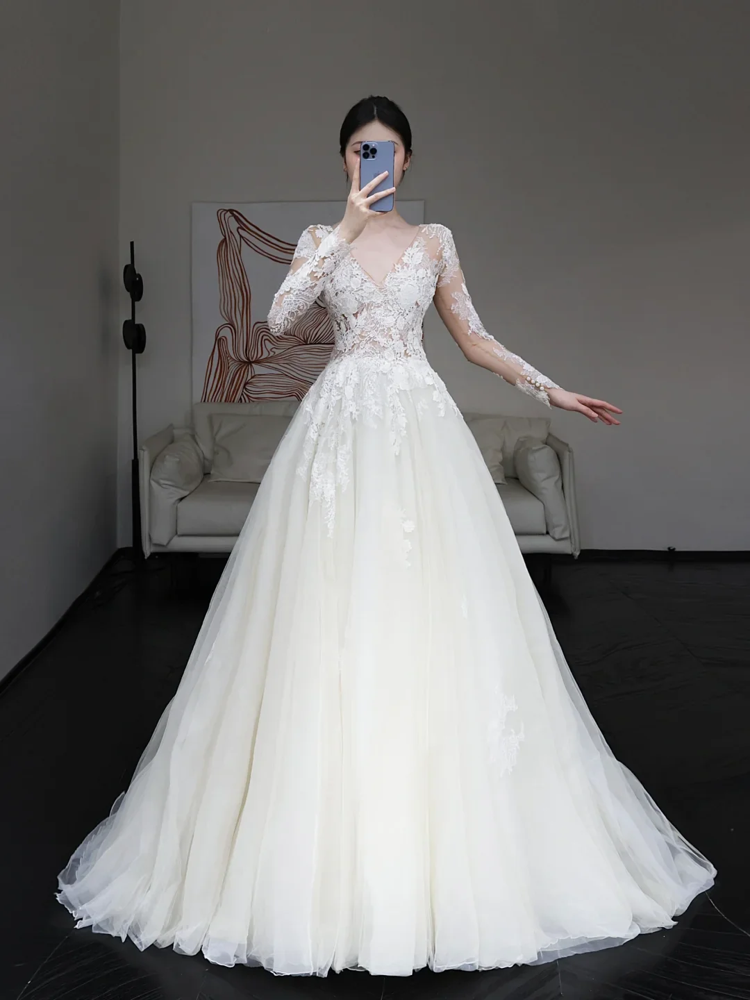 Unique Bridal Gown Ball Gown V Neckline Long Sleeves White Lace Wedding Dresses Bridal Gowns DP645 - Deanwangkt