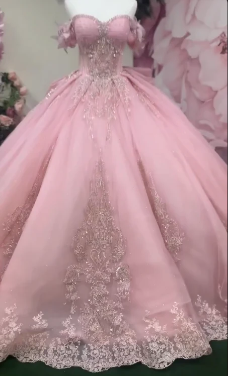 Gorgeous Pink Off-the-shoulder Tulle Long Ball Gown Sweet Applique Beaded 16th Birthday Dress Cute Quinceanera Dress DH2740 - Deanwangkt
