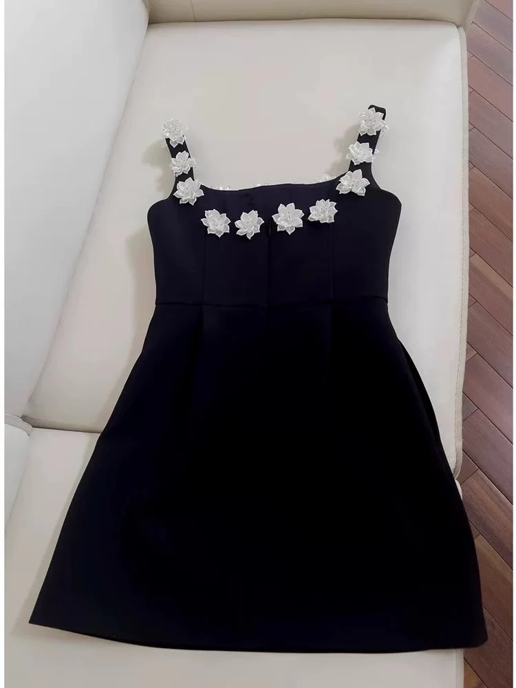 Trendy A Line Square Neck Floral Black Satin Formal Short 8th Grade Homecoming Dress Summer Middle School Hoco Dresses Birthday Outfits W930 - Deanwangkt