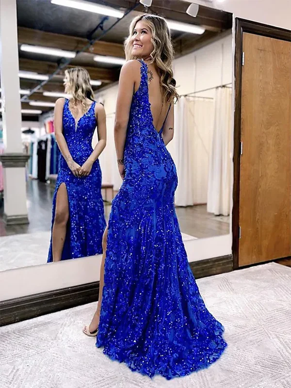 Classy Mermaid V Neckline Royal Blue Lace Prom Dresses Graduation Dresses DP534 - Deanwangkt