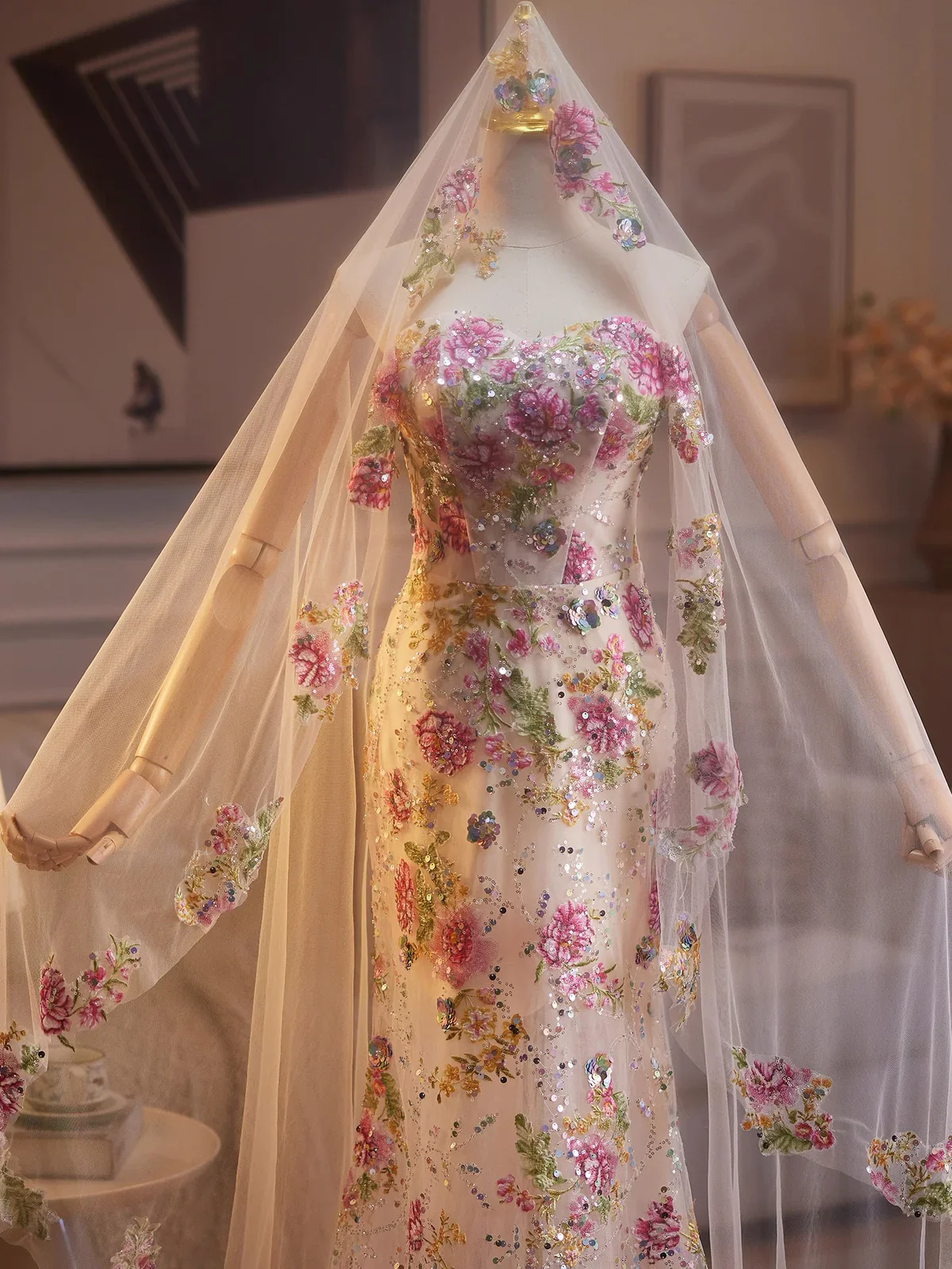 Glam Strapless Mermaid Tulle Long Prom Dresses, Floral Formal Evening Dresses DP3165 - Deanwangkt