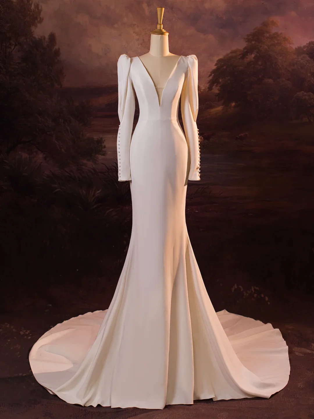 Vintage Wedding Dress Mermaid V Neck White Long Sleeves Satin Long Wedding Dresses Bridal Gowns Brides Gown DH407 - Deanwangkt