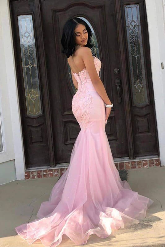 Classy Pink Sweetheart Sleeveless Lace Mermaid Prom Dresses with Train Evening Dresses Graduation Dress DP476 - Deanwangkt
