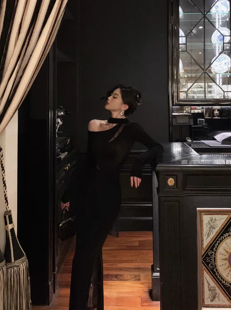 Classy Mermaid One Shoulder Black Long Sleeves 18th Birthday Dress Party Gown 21st Birthday Outfits Birthday Dress Ideas For Women DP571 - Deanwangkt