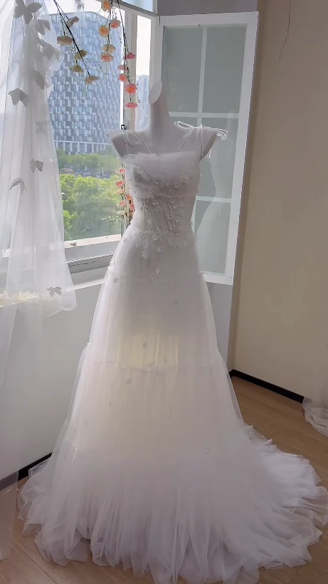 Modest Spaghetti Strap Sheath Tulle Wedding Dress, White Bridal Gowns DP3113 - Deanwangkt