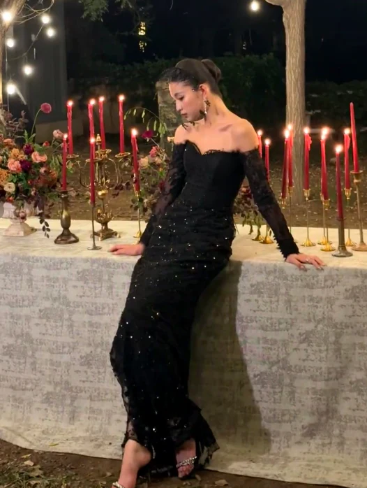 Elegant Off-the-shoulder Sheath Long Prom Dresses Lace Black Evening Dresses DP3375 - Deanwangkt