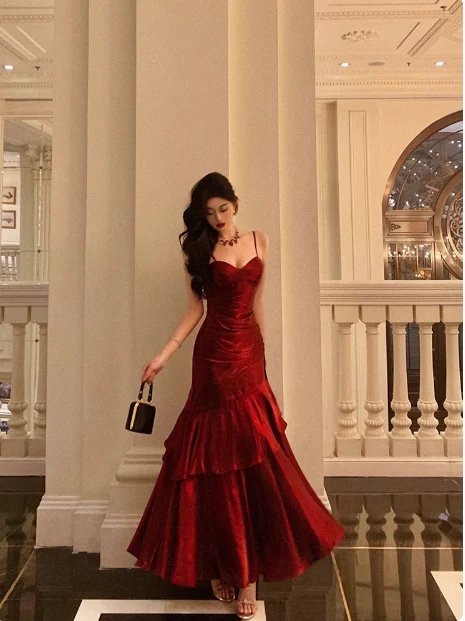 Sexy Mermaid Spaghetti Straps Burgundy 21st Birthday Dress Holiday Party Birthday Outfits For Women DP0192 - Deanwangkt