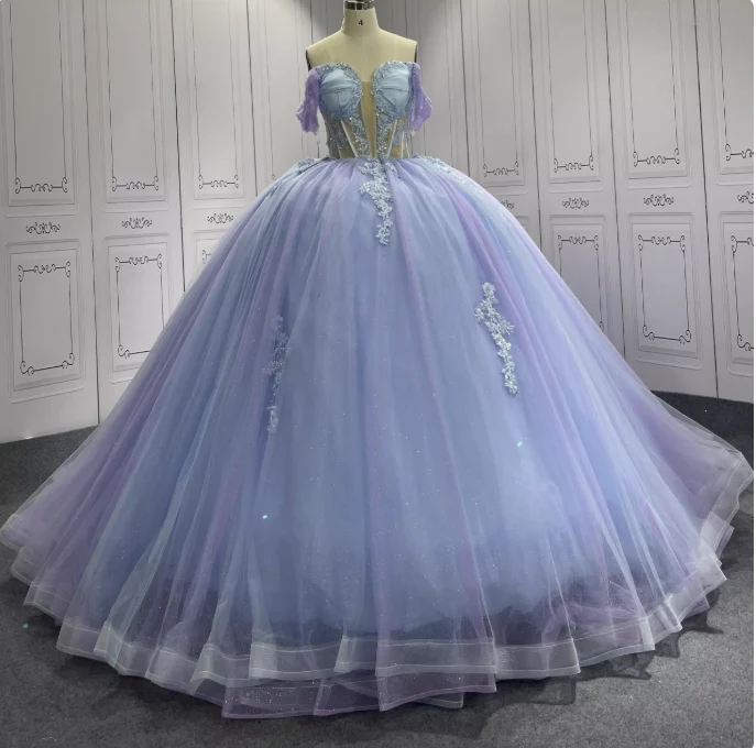 Gorgeous Purple Off-the-shoulder Tulle Long Ball Gown Appliques Sweet16th Birthday Dress Cute Quinceanera Dress DH2732 - Deanwangkt