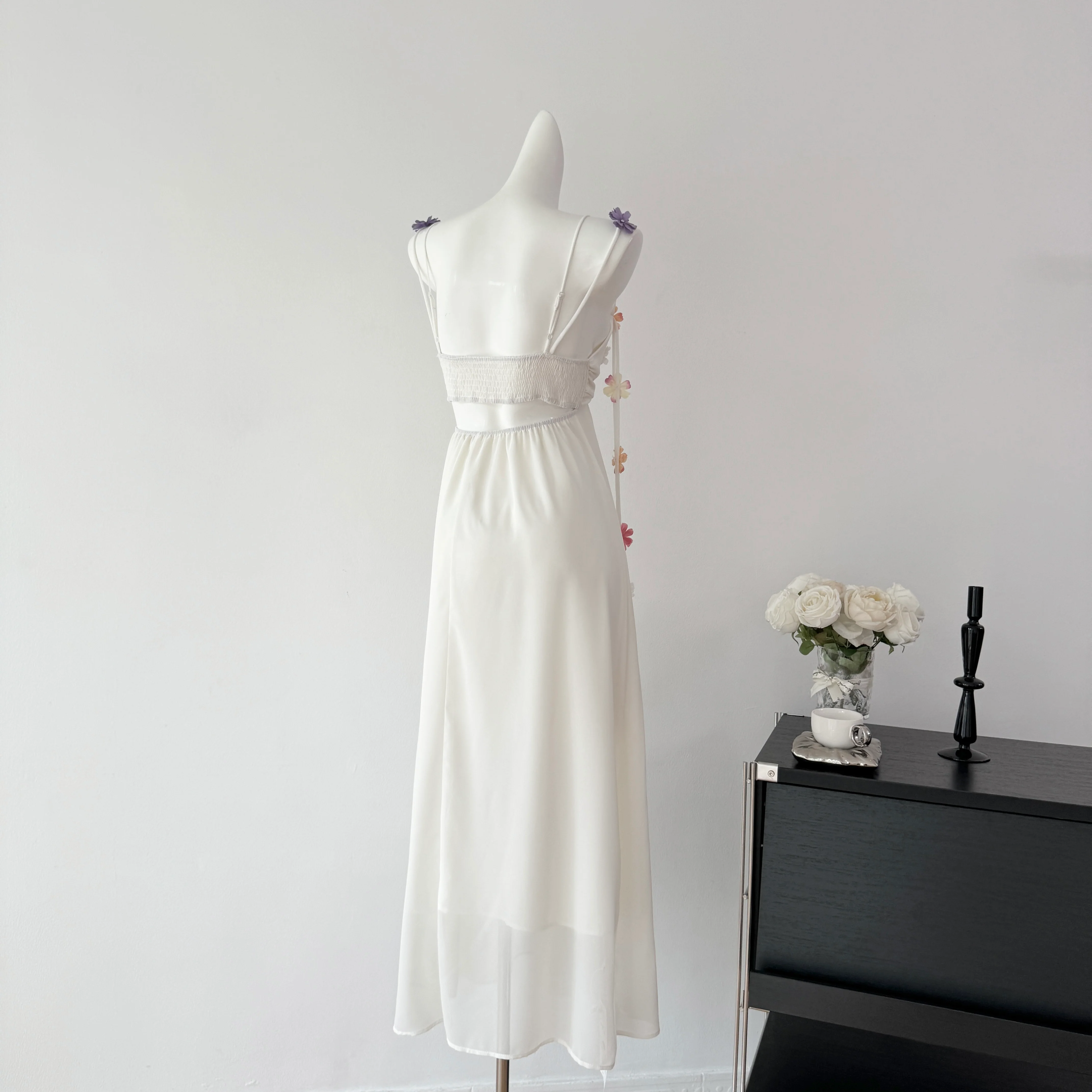 Cute A Line Spaghetti Straps Floral White Chiffon Summer Dress Holiday Party Outfits For Women DP0129 - Deanwangkt