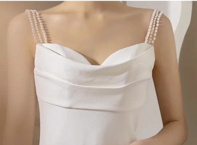 Simple White Mermaid Straps Pearls Wedding Dress Summer Wedding Dress DP616 - Deanwangkt