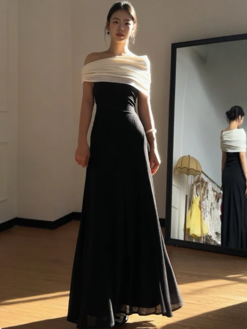 Elegant Off-the-shoulder Sheath Black Long Prom Dresses Satin Black Evening Dresses DP3878 - Deanwangkt