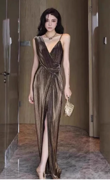 Modest Sheath Spaghetti Strap Long Evening Gown Brown Velvet Formal Dress Elegant Slit Prom Dress DP2803 - Deanwangkt