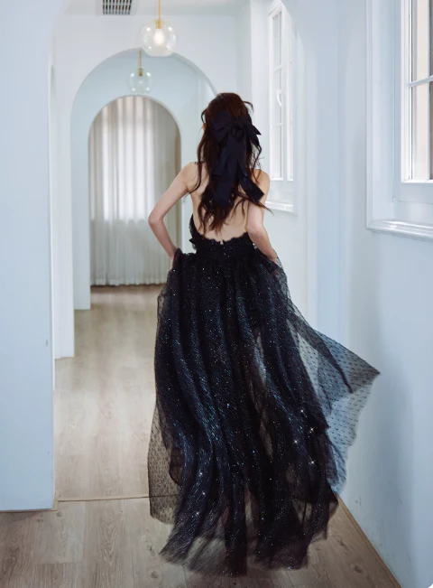 Elegant Vneck A-line Black Long Evening Dresses Sequin Tulle Black Birthday Dresses DP3780 - Deanwangkt