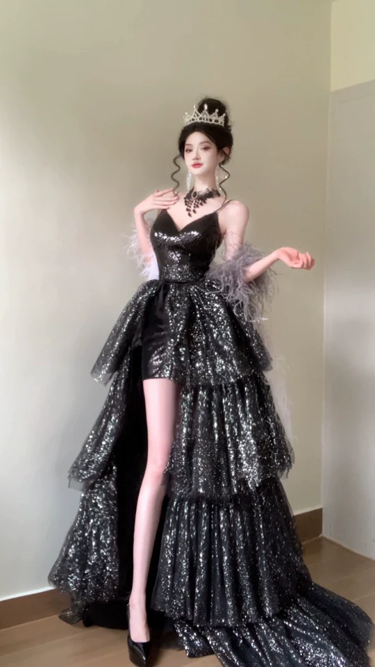 Sparkly Black Spaghetti Strap Sheath Tulle Short Train Evening Dress DH2707 - Deanwangkt