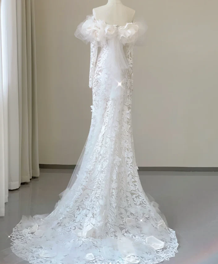Classy Elegant Mermaid Off The Shoulder White Long Sleeves Flowers Wedding Dresses Brides Dress DP458 - Deanwangkt