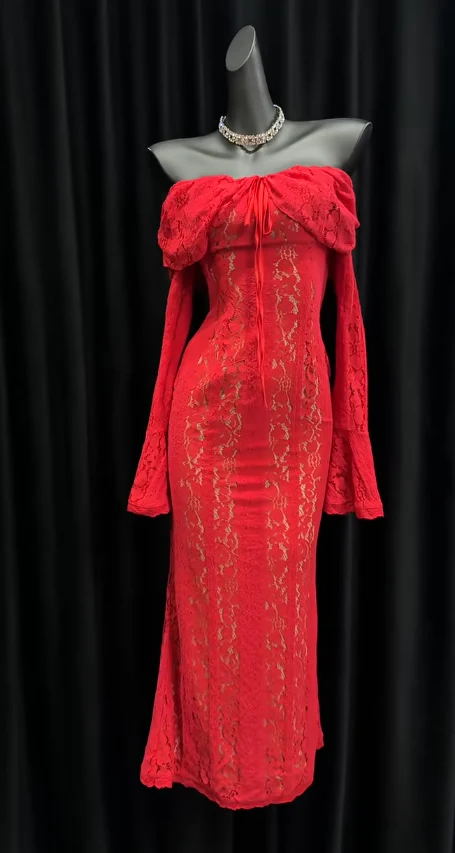 Glam Sheath Red Long Prom Dresses Long Sleeve Lace Red Evening Dresses DP04021 - Deanwangkt