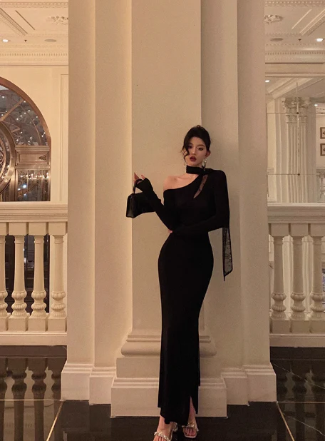Classy Mermaid One Shoulder Black Long Sleeves 18th Birthday Dress Party Gown 21st Birthday Outfits Birthday Dress Ideas For Women DP571 - Deanwangkt