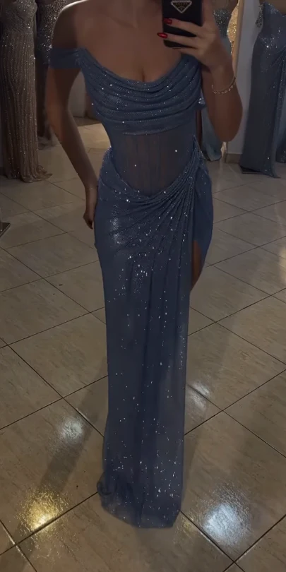Sparkly Mermaid Off The Shoulder Blue Sequin Long Slit Evening Party Gowns Evening Dress Special Formal Dresses Prom Dress DH2318 - Deanwangkt
