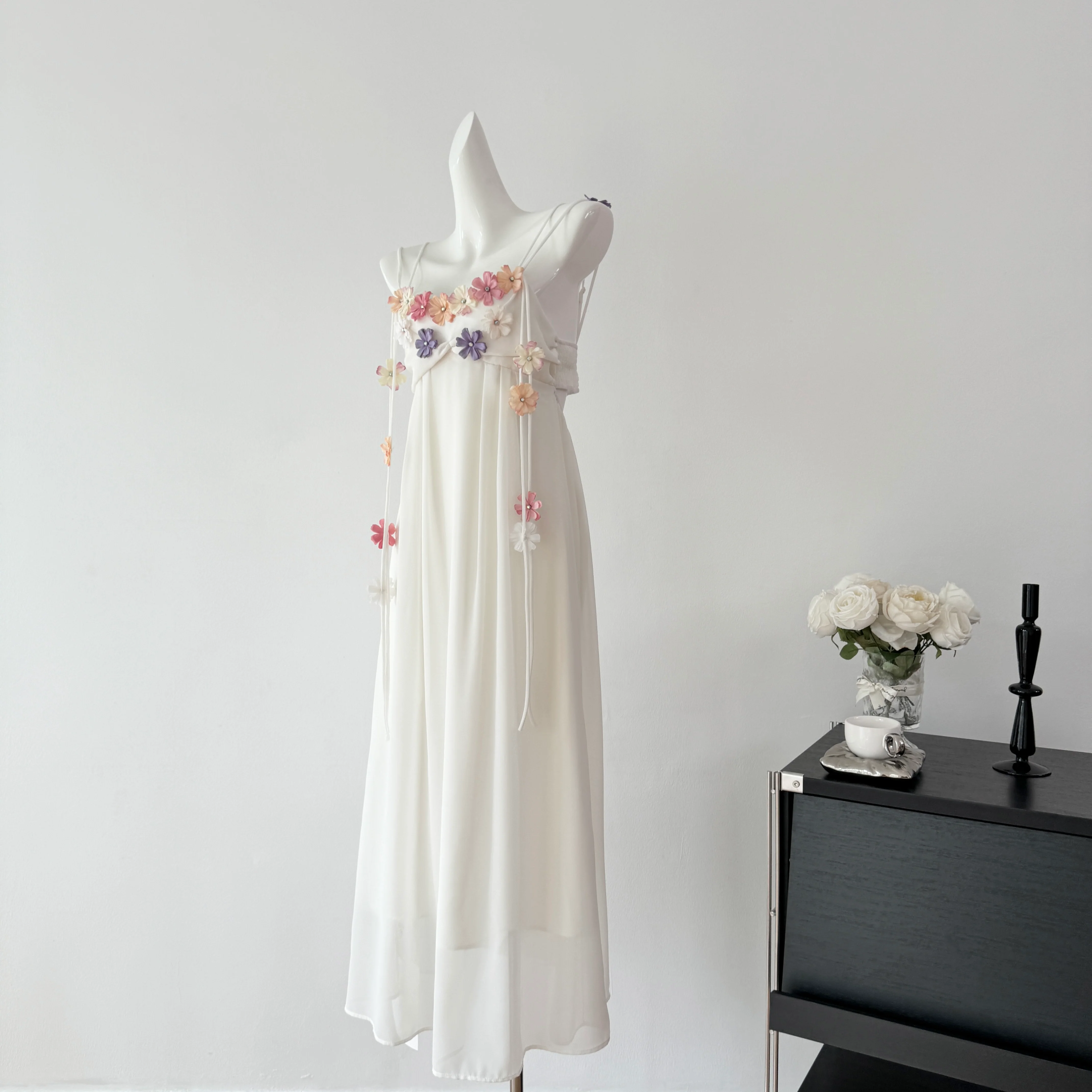 Cute A Line Spaghetti Straps Floral White Chiffon Summer Dress Holiday Party Outfits For Women DP0129 - Deanwangkt
