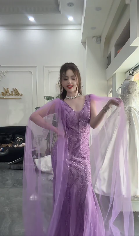 Elegant Mermaid Purple Long Prom Dresses Tulle Purple Wedding Guest Dresses DP3828 - Deanwangkt