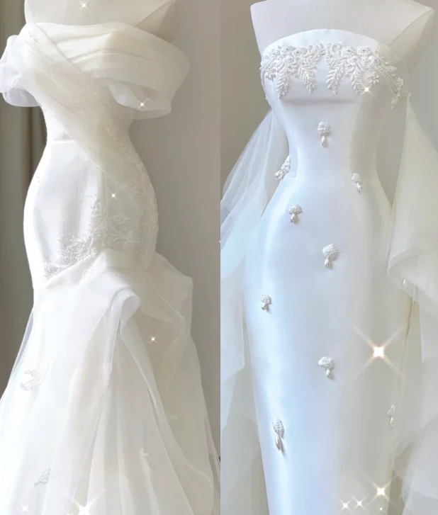 Unique Mermaid Off The Shoulder White Tulle Sweep Train Wedding Dresses Brides Dress P0029 - Deanwangkt