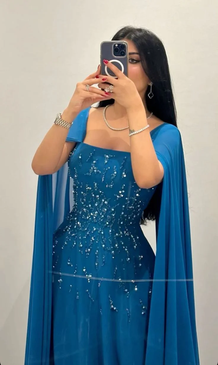 Glam Sheath Evening Dresses Blue Formal Dresses Chiffon Rhinestone Square Neck Guest Dresses DP3290 - Deanwangkt