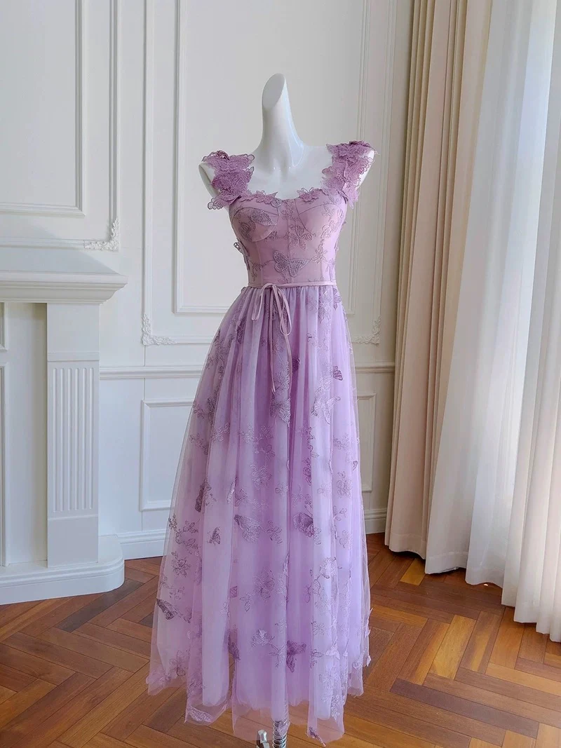 Elegant A line Straps Lilac Lace Sleeveless Long Evening Party Gowns Evening Formal Dresses Prom Dress W944 - Deanwangkt