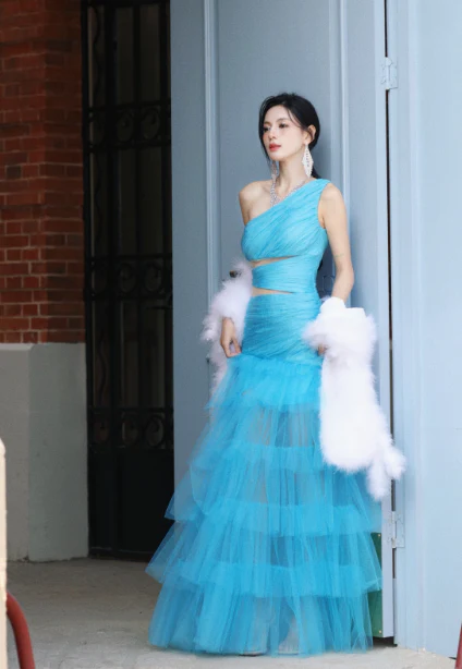 Modest Blue One Shoulder Formal Dress Tulle Mermaid Long Evening Gowns Prom Dresses DH2696 - Deanwangkt